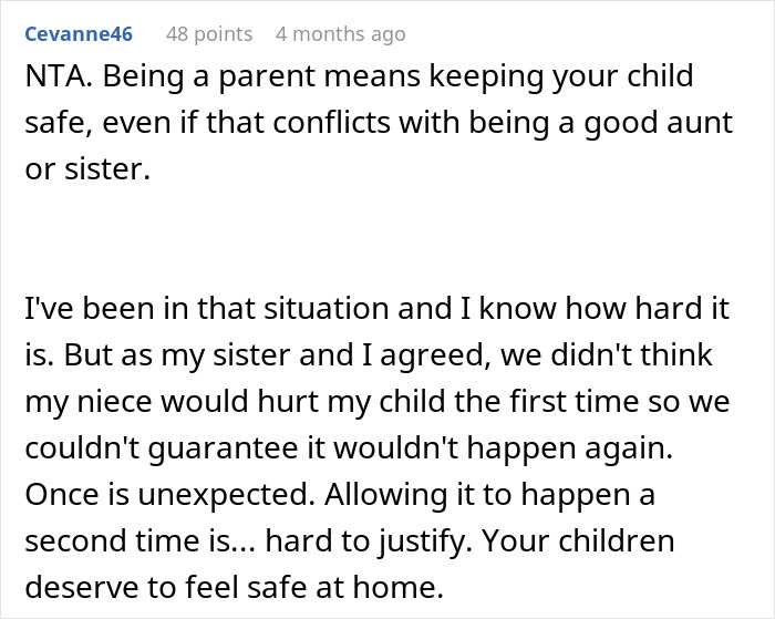 Comment discussing a woman refusing to babysit her autistic nephew after he injures her daughter and spits on her.