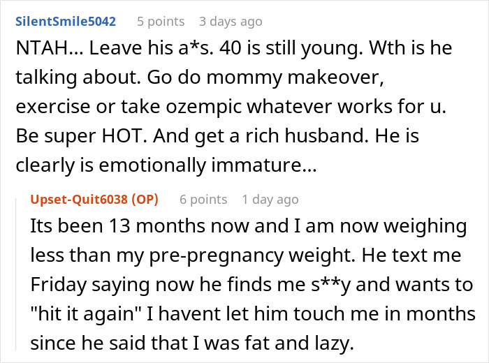 Comments on a man demanding divorce from ‘fat and lazy’ wife until he loses his job shared in online discussion. Comments on a man demanding divorce from ‘fat and lazy’ wife until he loses his job shared in online discussion.