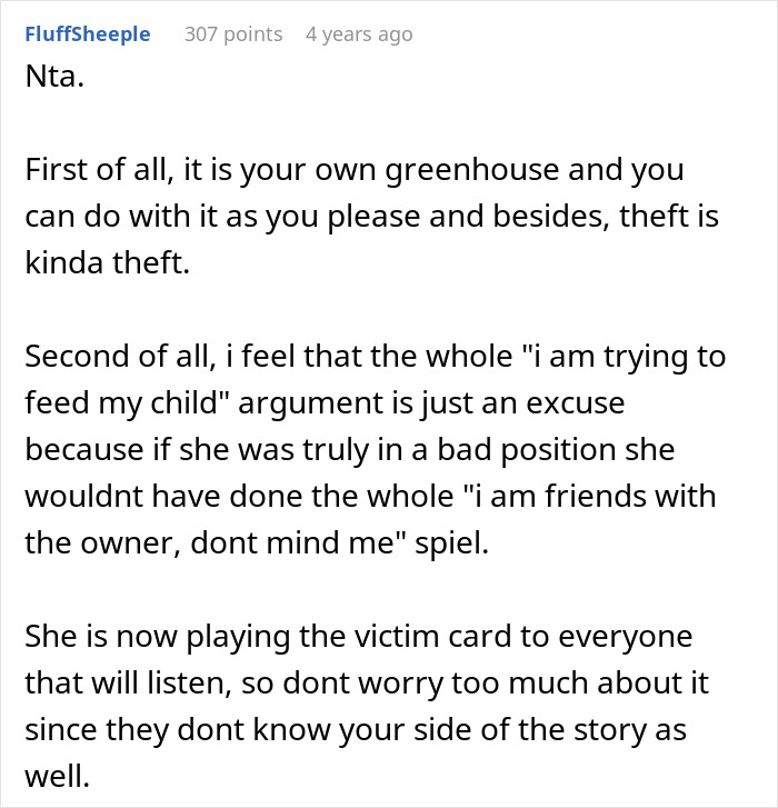 Comment discussing a thief claiming to know the owner after being caught stealing vegetables from the actual owner.