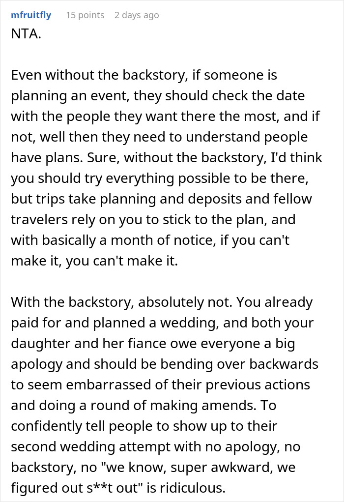 Comment discussing a man shelling out $22,500 for daughter&rsquo;s failed wedding and skipping the real one to hang out with pals.