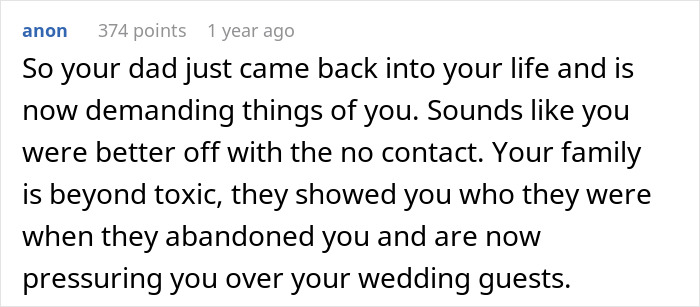 Comment about toxic family and no contact with dad after fight with stepsister leading to cutting ties.