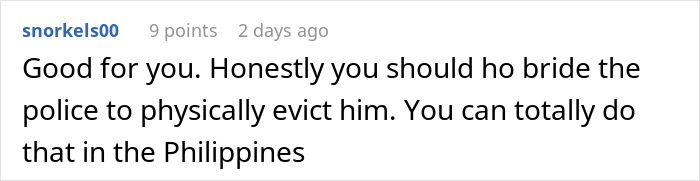 Comment discussing evicting a shameless ex and cutting his utilities after he took over her house for a year. Comment discussing evicting a shameless ex and cutting his utilities after he took over her house for a year.