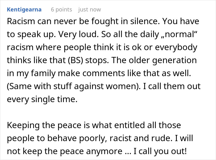 Screenshot of a comment on racism emphasizing the fight against racist behavior and calling out entitled, rude actions.