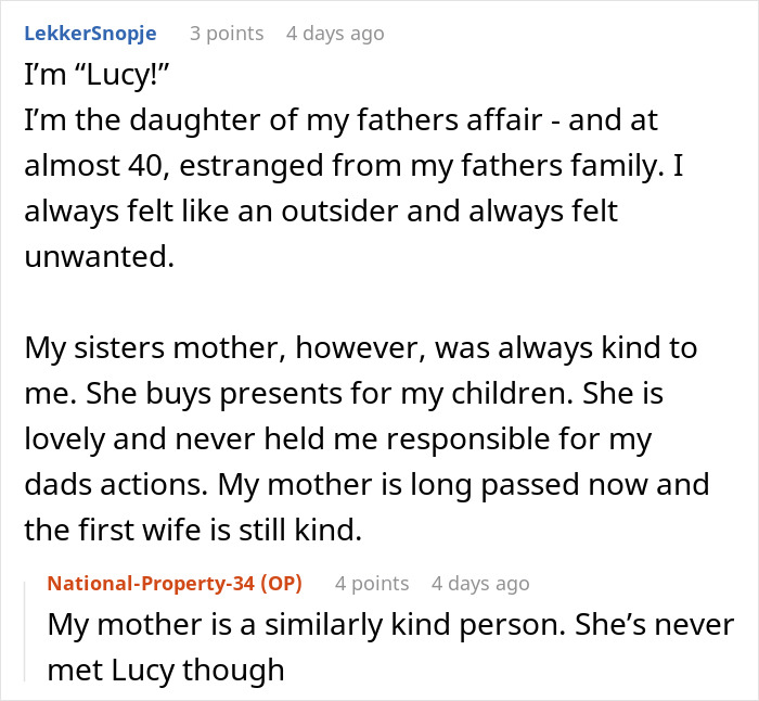 Text conversation about a woman revealing she is her dad&rsquo;s affair baby and estranged from grandparents.