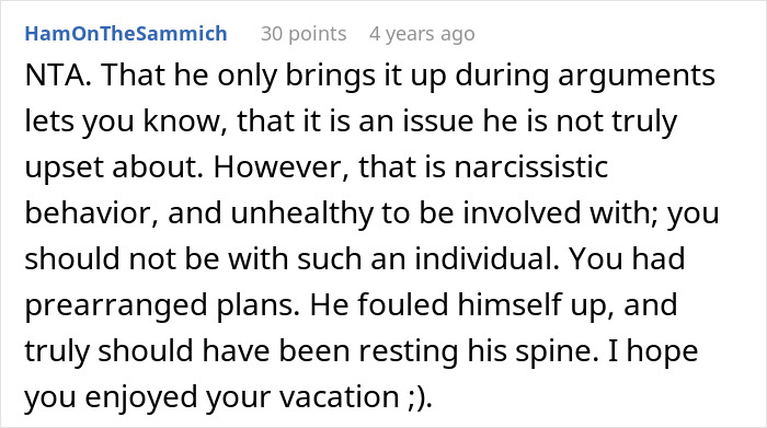Screenshot of a Reddit comment discussing a boyfriend&rsquo;s tantrum after his girlfriend leaves on vacation despite his injury.