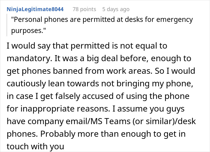 Text comment discussing cautious phone use at work due to manager bans phones work hours malicious compliance policy. Text comment discussing cautious phone use at work due to manager bans phones work hours malicious compliance policy.