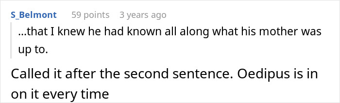 Screenshot of an online comment discussing a man not believing his mom is poisoning his wife until proven wrong.