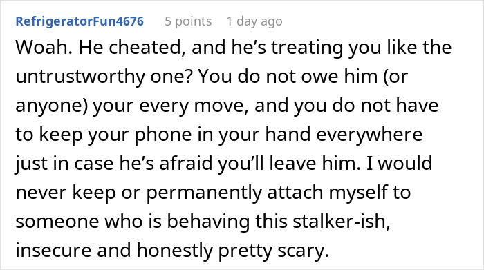 Comment about woman going shopping with fiance calling repeatedly, highlighting distrust and controlling behavior concerns.