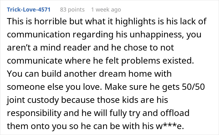 Screenshot of an online comment discussing lack of communication and shared custody in a woman&rsquo;s life turned upside down by husband&rsquo;s confession.