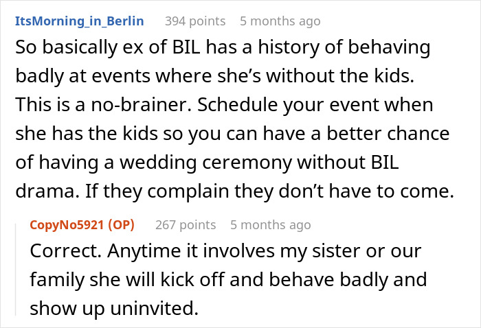 Reddit discussion about a man scheduling his wedding to avoid his brother-in-law’s nightmare ex ruining family events. - 15