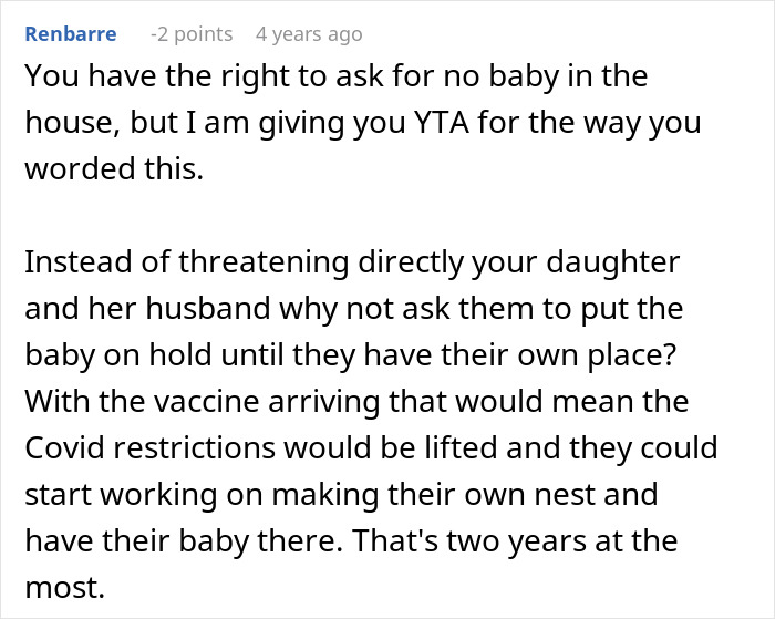 Comment discussing parents forbidding a baby under their roof and the impact on the relationship with their daughter.