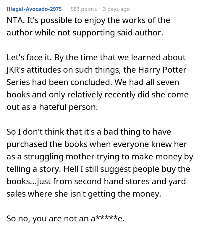 Commenter discusses bigoted and hateful person controversies related to Harry Potter books and family disagreements.
