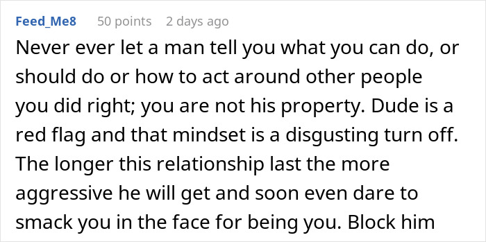 Comment warning about jealous boyfriend&rsquo;s controlling behavior and toxic mindset in a relationship, advising to block him.