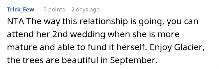 Screenshot of an online comment discussing a man's choice to spend $22,500 on daughter's failed wedding and skip his own event.