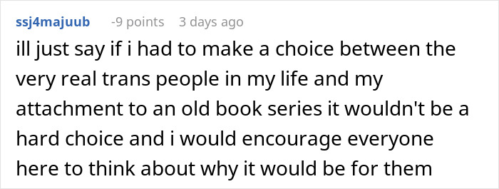Comment discussing a choice between supporting trans people and attachment to an old book series, referencing Harry Potter controversy.