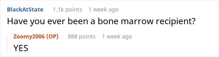 Person thinks DNA test results mixed up, showing conversation about bone marrow recipient with emphatic yes reply.