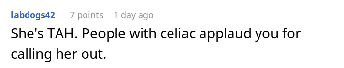 Comment highlighting support for calling out gluten-free colleague during a pizza party conflict about celiac disease. Comment highlighting support for calling out gluten-free colleague during a pizza party conflict about celiac disease.