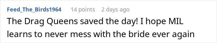 Comment about MIL trying to ruin wedding, being confronted and put in her place by two amazing drag queens.