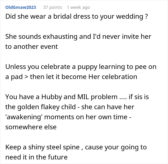 Screenshot of a Reddit comment discussing a lady's spiritual awakening overshadowing niece's birthday celebration.