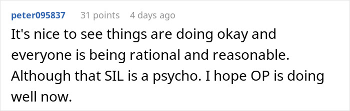 Comment expressing hope that a woman needing family support is doing well despite SIL causing drama and tension.