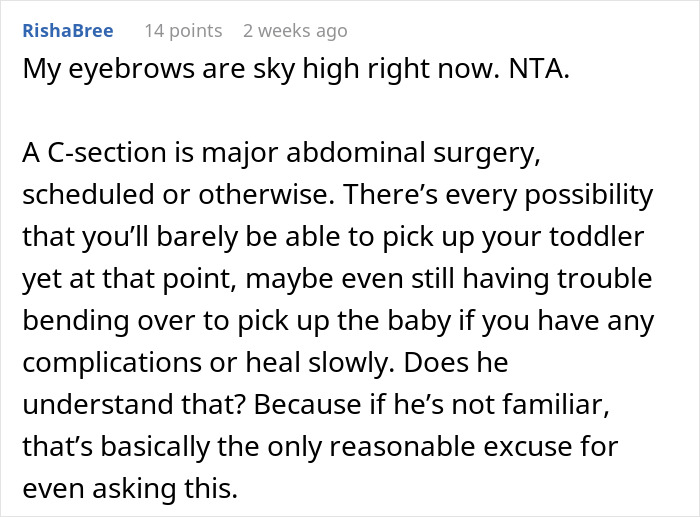 Comment discussing the difficulties of a scheduled C-section and questioning the husband's request to travel alone.