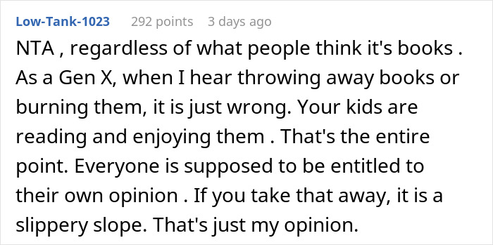 Commenter defending giving kids Harry Potter books, emphasizing reading enjoyment despite family backlash over bigoted and hateful views.