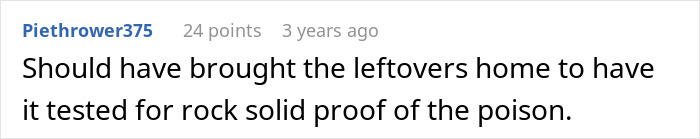 Comment about testing leftovers for proof of poison related to man doubting mom poisoning wife situation.