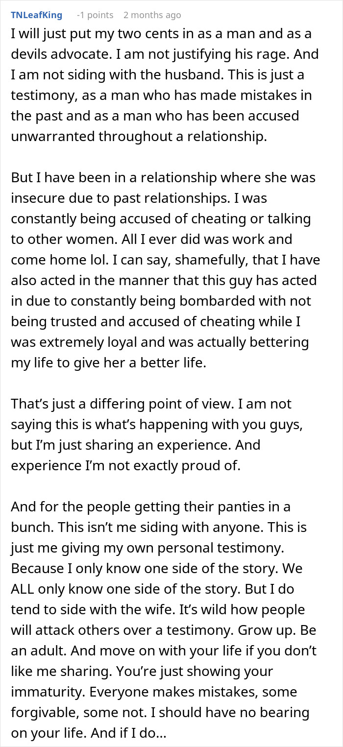 Screenshot of a Reddit comment discussing relationship trust issues and personal testimony about loyalty and accusations.