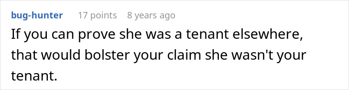 Screenshot of a forum comment discussing how proving tenancy elsewhere can support claims in a friend breaking into house case.