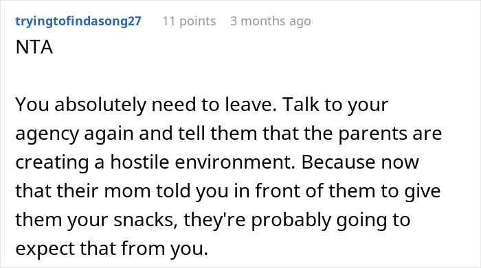 Screenshot of a Reddit comment advising a 19-year-old nanny restricted to one food cabinet by an American family to leave.