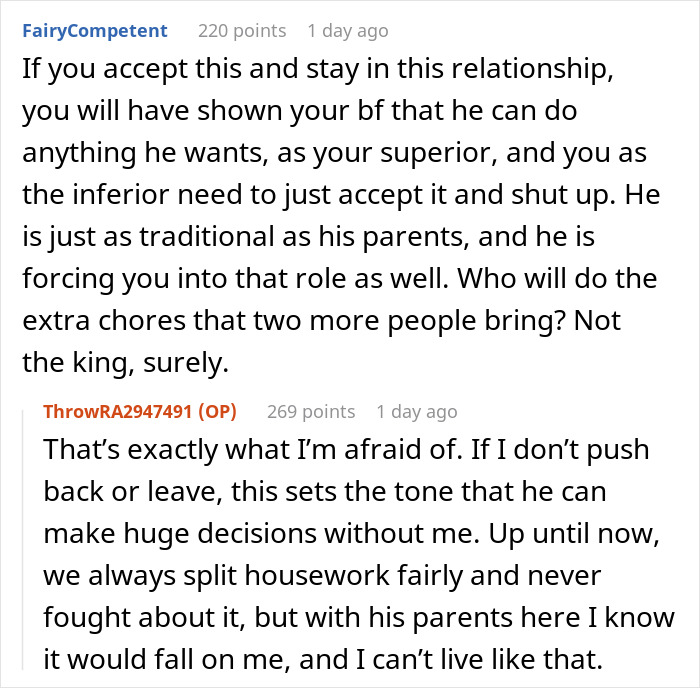 Comment discussing man secretly inviting his parents to stay, causing tension with his girlfriend over chores and decisions.