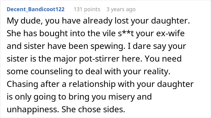 Comment discussing how a man ruins relationship with daughter by refusing her wedding in his yard.