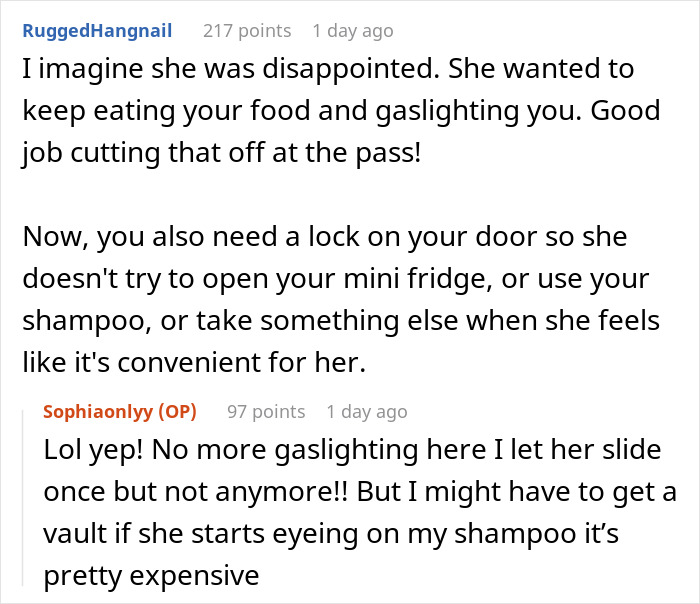 Conversation about leftover pasta theft leads to buying a mini fridge and concerns over gaslighting and personal item security.