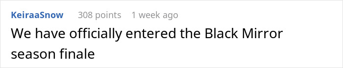 Comment about a Black Mirror season finale, reflecting netizens&rsquo; reactions to a woman saying yes to her AI boyfriend&rsquo;s proposal.