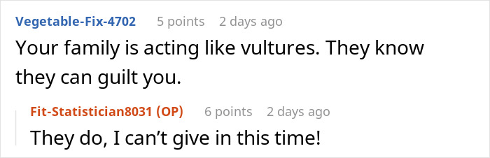 Screenshot of an online conversation about family demands for money and refusal to give $33k due to family conflict.