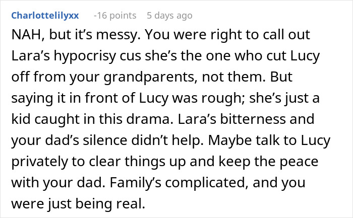 Screenshot of a Reddit comment discussing a woman revealing why her grandparents don&rsquo;t see her dad&rsquo;s affair baby.