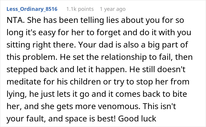 Screenshot of online comment discussing family fallout after person tells half-sister they ran away because of her. Screenshot of online comment discussing family fallout after person tells half-sister they ran away because of her.