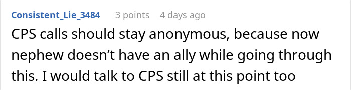 Screenshot of an online comment discussing CPS calls and concerns about nephew’s safety and a controlling brother. Screenshot of an online comment discussing CPS calls and concerns about nephew’s safety and a controlling brother.