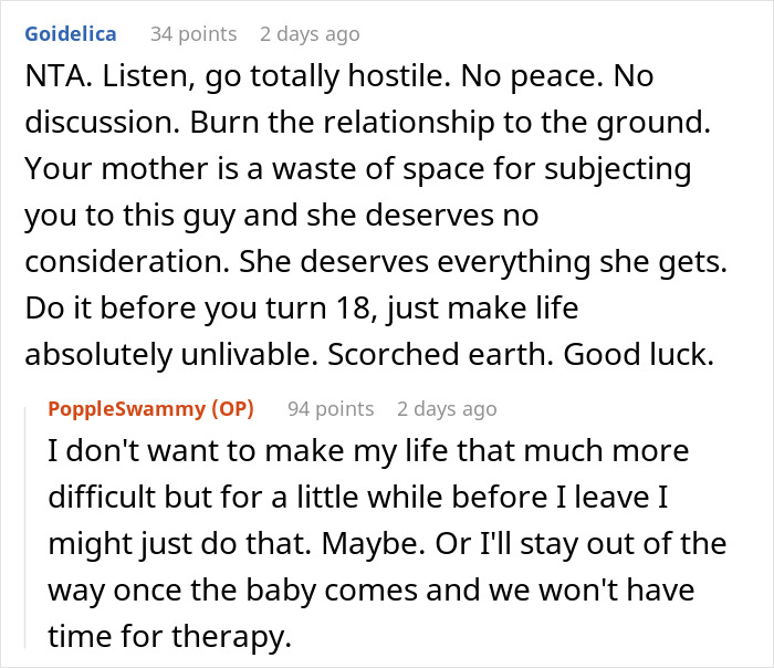 Comment thread showing someone advising hostility and scorched earth approach to teen stepson’s real dad rejection. - 26