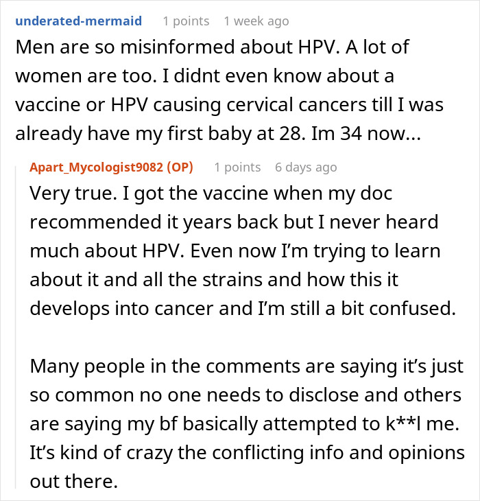 Discussion about HPV awareness, confusion about cancer risk, and resentment toward healthy boyfriend with past HPV.