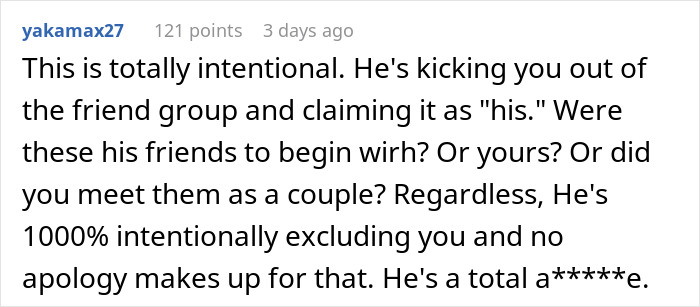 Screenshot of a Reddit comment discussing a woman finding out her boyfriend excluded her from a couples trip without asking.
