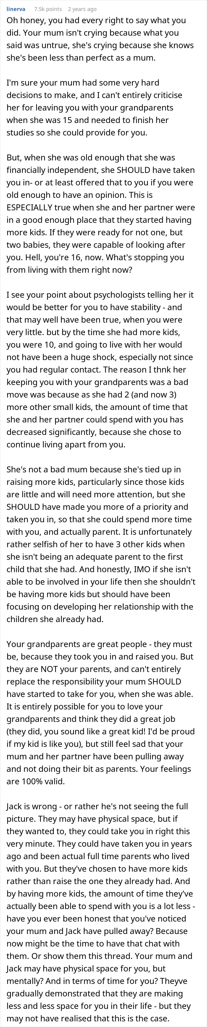 Screenshot of a detailed Reddit comment discussing a pregnant lady&rsquo;s emotional response after her son feels neglected by family.