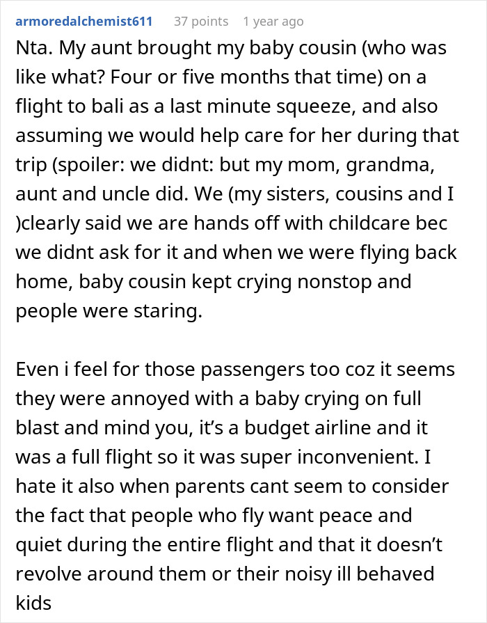 Reddit comment discussing challenges of a mom taking kids on a long flight and lack of help with childcare.