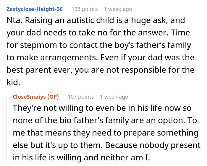 Reddit discussion on a stepmom refusing to be future caregiver for autistic stepbrother she barely knows.