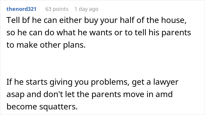 Comment discussing a man inviting his parents to stay and the girlfriend's reaction about boundaries and legal advice.