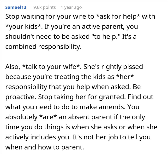 Comment on man tells wife she couldn&rsquo;t do it without him, highlighting shared parenting responsibility and proactive support.