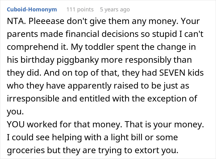 Commenter advises woman to keep her savings despite parents claiming it's rightfully theirs, highlighting financial responsibility.