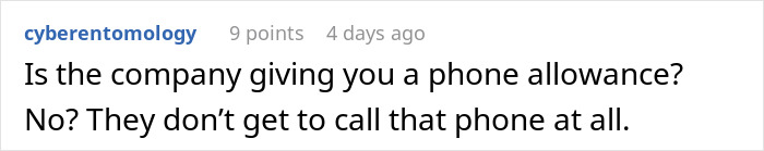 Text comment about company phone allowance, illustrating manager bans phones during work hours with malicious compliance. Text comment about company phone allowance, illustrating manager bans phones during work hours with malicious compliance.