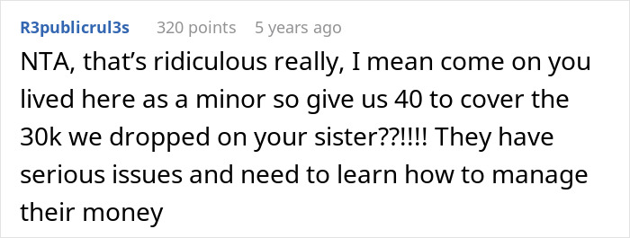 Text comment about a woman refusing to hand over her entire savings after parents claim it&rsquo;s rightfully theirs.