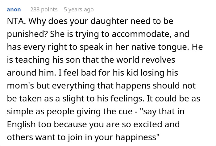 Comment discussing stepdad suggesting punishment for kid using native language son can't understand, mom horrified reaction.